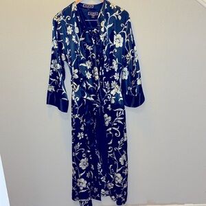 VTG 3 Piece Set Robe Top & Pajama Pants Silky Navy Blue Floral Women’s Large